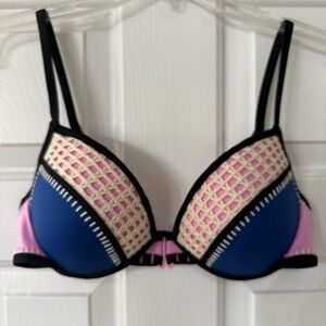 Victoria's Secret Flirt Crochet Bikini Push-up Swim Top - Size 34D‎ - Blue/Pink